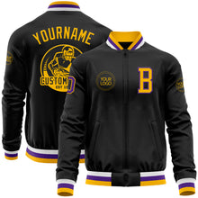 Загрузить изображение в средство просмотра галереи, Custom Black Gold-Purple Bomber Varsity Letterman Zipper Jacket
