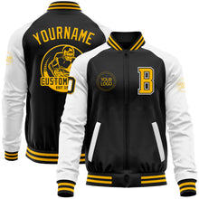 Загрузить изображение в средство просмотра галереи, Custom Black Gold-White Bomber Varsity Letterman Two Tone Zipper Jacket
