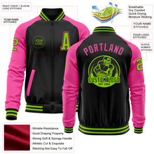 Laden Sie das Bild in den Galerie-Viewer, Custom Black Neon Green-Pink Bomber Varsity Letterman Two Tone Zipper Jacket
