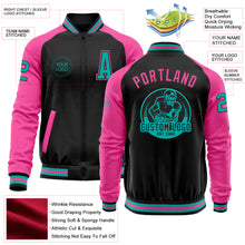 Загрузить изображение в средство просмотра галереи, Custom Black Aqua-Pink Bomber Varsity Letterman Two Tone Zipper Jacket
