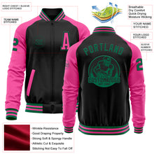 Загрузить изображение в средство просмотра галереи, Custom Black Kelly Green-Pink Bomber Varsity Letterman Two Tone Zipper Jacket
