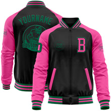 Загрузить изображение в средство просмотра галереи, Custom Black Kelly Green-Pink Bomber Varsity Letterman Two Tone Zipper Jacket
