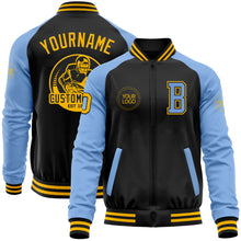 Laden Sie das Bild in den Galerie-Viewer, Custom Black Gold-Light Blue Bomber Varsity Letterman Two Tone Zipper Jacket
