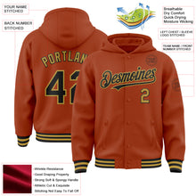 Load image into Gallery viewer, Custom Texas Orange Black-Old Gold Bomber Full-Snap Varsity Letterman Hoodie Jacket
