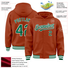 Load image into Gallery viewer, Custom Texas Orange Kelly Green-White Bomber Full-Snap Varsity Letterman Hoodie Jacket

