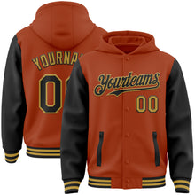 Laden Sie das Bild in den Galerie-Viewer, Custom Texas Orange Black-Old Gold Bomber Full-Snap Varsity Letterman Two Tone Hoodie Jacket
