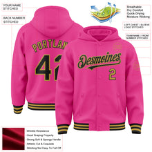 Загрузить изображение в средство просмотра галереи, Custom Pink Black-Old Gold Bomber Full-Snap Varsity Letterman Hoodie Jacket
