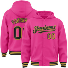 Загрузить изображение в средство просмотра галереи, Custom Pink Black-Old Gold Bomber Full-Snap Varsity Letterman Hoodie Jacket
