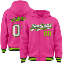 Загрузить изображение в средство просмотра галереи, Custom Pink Black-Neon Green Bomber Full-Snap Varsity Letterman Hoodie Jacket
