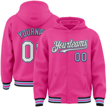 Загрузить изображение в средство просмотра галереи, Custom Pink Black-Light Blue Bomber Full-Snap Varsity Letterman Hoodie Jacket
