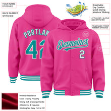 Загрузить изображение в средство просмотра галереи, Custom Pink Teal-White Bomber Full-Snap Varsity Letterman Hoodie Jacket
