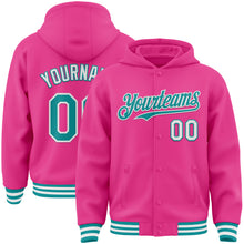 Загрузить изображение в средство просмотра галереи, Custom Pink Teal-White Bomber Full-Snap Varsity Letterman Hoodie Jacket
