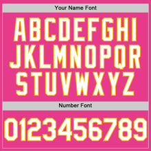 Load image into Gallery viewer, Custom Pink White-Gold Bomber Full-Snap Varsity Letterman Hoodie Jacket
