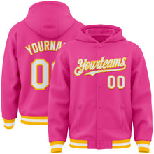 Load image into Gallery viewer, Custom Pink White-Gold Bomber Full-Snap Varsity Letterman Hoodie Jacket
