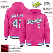 Laden Sie das Bild in den Galerie-Viewer, Custom Pink Black-Light Blue Bomber Full-Snap Varsity Letterman Hoodie Jacket
