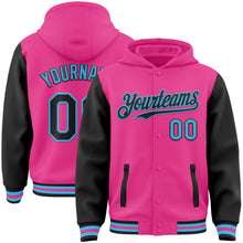 Laden Sie das Bild in den Galerie-Viewer, Custom Pink Black-Sky Blue Bomber Full-Snap Varsity Letterman Two Tone Hoodie Jacket
