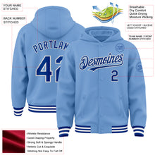 Laden Sie das Bild in den Galerie-Viewer, Custom Light Blue Royal-White Bomber Full-Snap Varsity Letterman Hoodie Jacket
