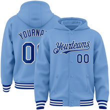 Laden Sie das Bild in den Galerie-Viewer, Custom Light Blue Royal-White Bomber Full-Snap Varsity Letterman Hoodie Jacket
