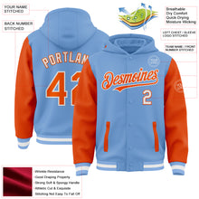 Laden Sie das Bild in den Galerie-Viewer, Custom Light Blue Orange-White Bomber Full-Snap Varsity Letterman Two Tone Hoodie Jacket
