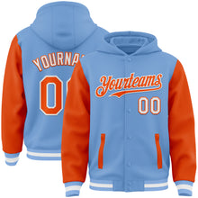 Laden Sie das Bild in den Galerie-Viewer, Custom Light Blue Orange-White Bomber Full-Snap Varsity Letterman Two Tone Hoodie Jacket
