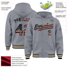 Laden Sie das Bild in den Galerie-Viewer, Custom Gray Vintage USA Flag Black-Cream Bomber Full-Snap Varsity Letterman Hoodie Jacket

