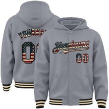 Laden Sie das Bild in den Galerie-Viewer, Custom Gray Vintage USA Flag Black-Cream Bomber Full-Snap Varsity Letterman Hoodie Jacket
