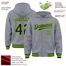 Load image into Gallery viewer, Custom Gray Black-Neon Green Bomber Full-Snap Varsity Letterman Hoodie Jacket
