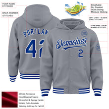 Laden Sie das Bild in den Galerie-Viewer, Custom Gray Royal-White Bomber Full-Snap Varsity Letterman Hoodie Jacket
