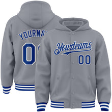 Laden Sie das Bild in den Galerie-Viewer, Custom Gray Royal-White Bomber Full-Snap Varsity Letterman Hoodie Jacket
