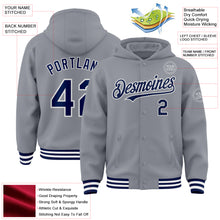 Laden Sie das Bild in den Galerie-Viewer, Custom Gray Navy-White Bomber Full-Snap Varsity Letterman Hoodie Jacket
