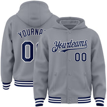Laden Sie das Bild in den Galerie-Viewer, Custom Gray Navy-White Bomber Full-Snap Varsity Letterman Hoodie Jacket

