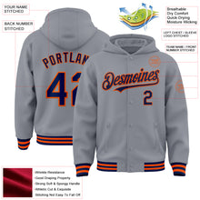 Laden Sie das Bild in den Galerie-Viewer, Custom Gray Navy-Orange Bomber Full-Snap Varsity Letterman Hoodie Jacket
