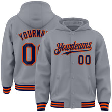 Laden Sie das Bild in den Galerie-Viewer, Custom Gray Navy-Orange Bomber Full-Snap Varsity Letterman Hoodie Jacket
