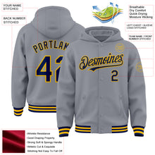 Laden Sie das Bild in den Galerie-Viewer, Custom Gray Navy-Gold Bomber Full-Snap Varsity Letterman Hoodie Jacket
