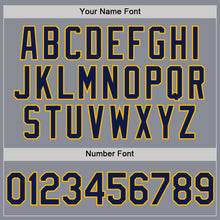 Laden Sie das Bild in den Galerie-Viewer, Custom Gray Navy-Gold Bomber Full-Snap Varsity Letterman Hoodie Jacket
