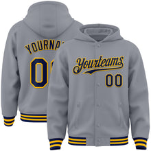 Laden Sie das Bild in den Galerie-Viewer, Custom Gray Navy-Gold Bomber Full-Snap Varsity Letterman Hoodie Jacket
