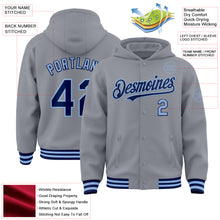 Laden Sie das Bild in den Galerie-Viewer, Custom Gray Navy-Light Blue Bomber Full-Snap Varsity Letterman Hoodie Jacket
