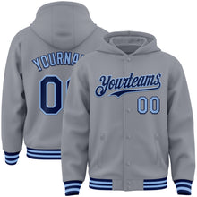 Laden Sie das Bild in den Galerie-Viewer, Custom Gray Navy-Light Blue Bomber Full-Snap Varsity Letterman Hoodie Jacket
