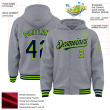 Laden Sie das Bild in den Galerie-Viewer, Custom Gray Navy-Neon Green Bomber Full-Snap Varsity Letterman Hoodie Jacket
