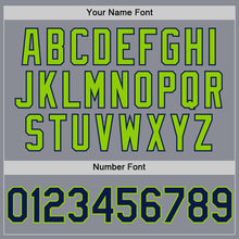 Laden Sie das Bild in den Galerie-Viewer, Custom Gray Navy-Neon Green Bomber Full-Snap Varsity Letterman Hoodie Jacket
