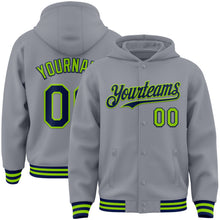Laden Sie das Bild in den Galerie-Viewer, Custom Gray Navy-Neon Green Bomber Full-Snap Varsity Letterman Hoodie Jacket

