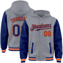 Charger l&#39;image dans la galerie, Custom Gray Royal-Orange Bomber Full-Snap Varsity Letterman Two Tone Hoodie Jacket
