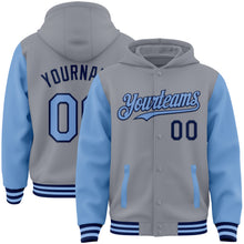 Laden Sie das Bild in den Galerie-Viewer, Custom Gray Light Blue-Navy Bomber Full-Snap Varsity Letterman Two Tone Hoodie Jacket
