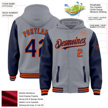 Laden Sie das Bild in den Galerie-Viewer, Custom Gray Navy-Orange Bomber Full-Snap Varsity Letterman Two Tone Hoodie Jacket

