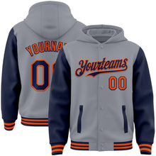 Laden Sie das Bild in den Galerie-Viewer, Custom Gray Navy-Orange Bomber Full-Snap Varsity Letterman Two Tone Hoodie Jacket
