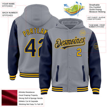 Laden Sie das Bild in den Galerie-Viewer, Custom Gray Navy-Gold Bomber Full-Snap Varsity Letterman Two Tone Hoodie Jacket

