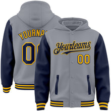 Laden Sie das Bild in den Galerie-Viewer, Custom Gray Navy-Gold Bomber Full-Snap Varsity Letterman Two Tone Hoodie Jacket
