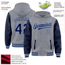 Laden Sie das Bild in den Galerie-Viewer, Custom Gray Navy-Light Blue Bomber Full-Snap Varsity Letterman Two Tone Hoodie Jacket
