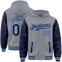Laden Sie das Bild in den Galerie-Viewer, Custom Gray Navy-Light Blue Bomber Full-Snap Varsity Letterman Two Tone Hoodie Jacket
