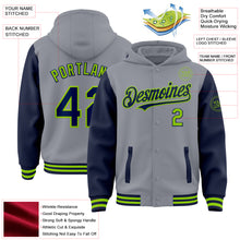 Laden Sie das Bild in den Galerie-Viewer, Custom Gray Navy-Neon Green Bomber Full-Snap Varsity Letterman Two Tone Hoodie Jacket
